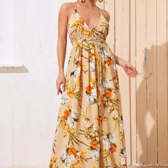 Beige/Orange High Split Botanical Cami Dress in L - Picture 3 of 4